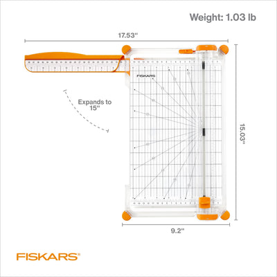 Fiskars trimmer on crafting table with projects, illustrating portable workspace benefit