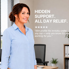 Fit Geno worn by a woman at a desk, demonstrates improved upright posture and focus