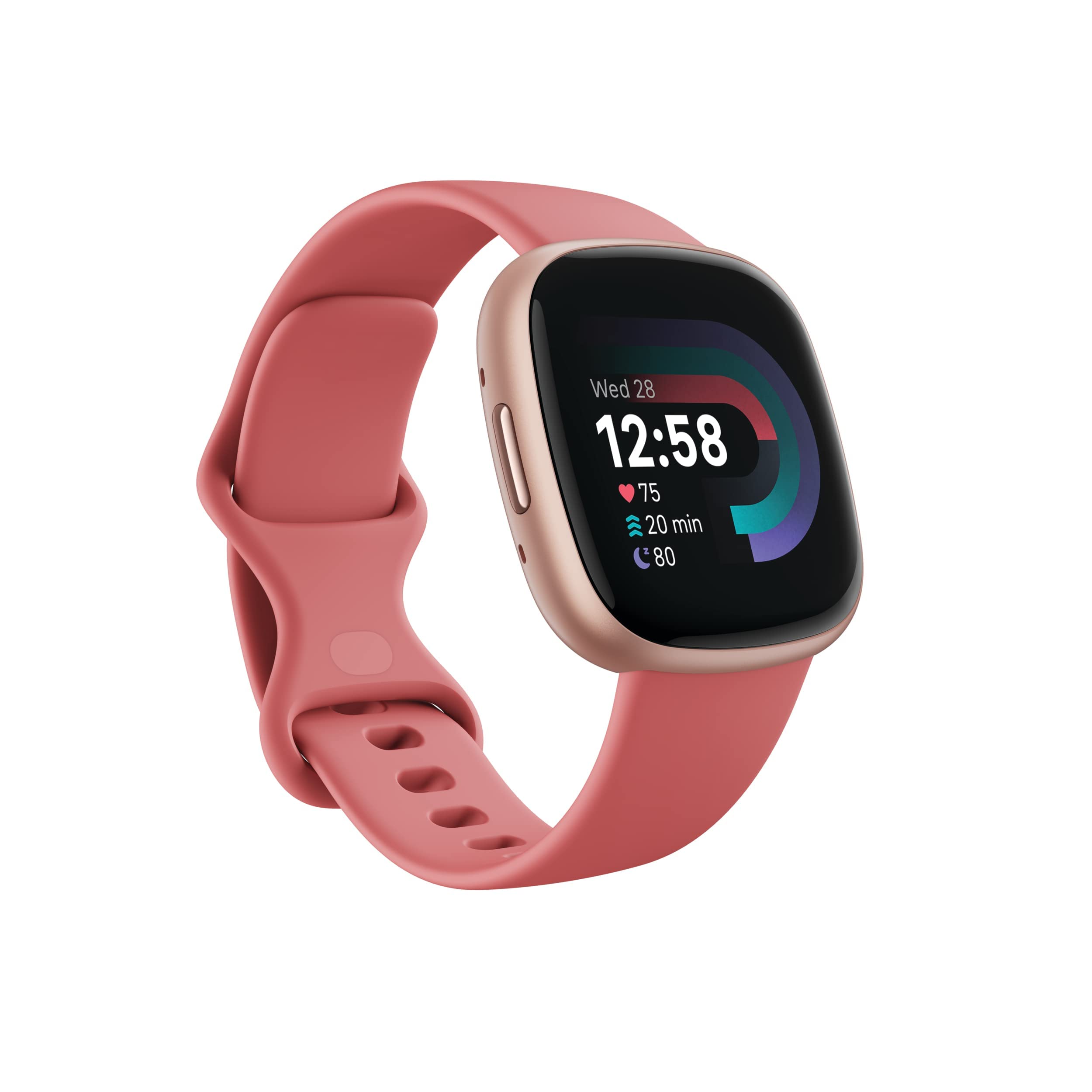 Fitbit Versa 4 frontal Pink Sand mostrando pantalla clara y comodidad diaria