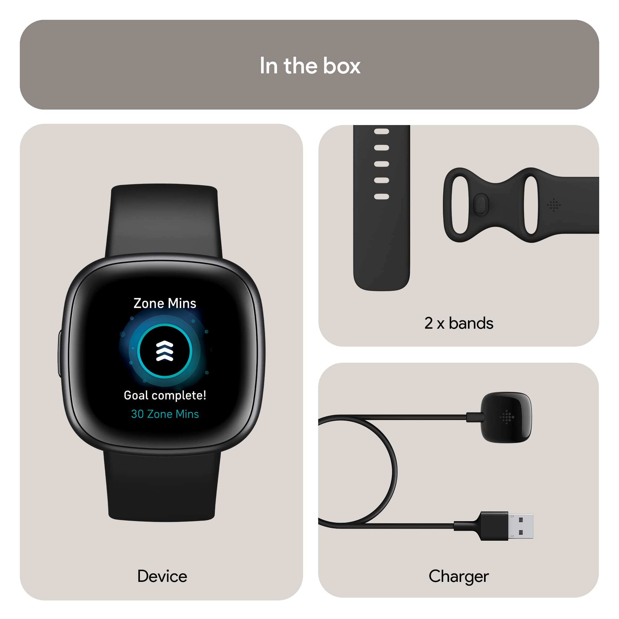 Fitbit Versa 4 caja y accesorios listos para empezar a usar