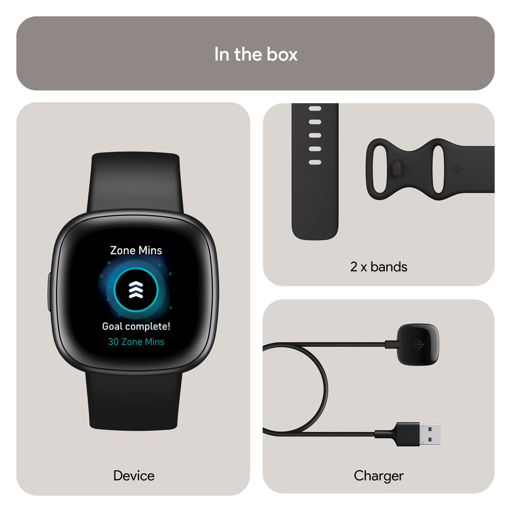 Fitbit Versa 4 caja y accesorios listos para empezar a usar