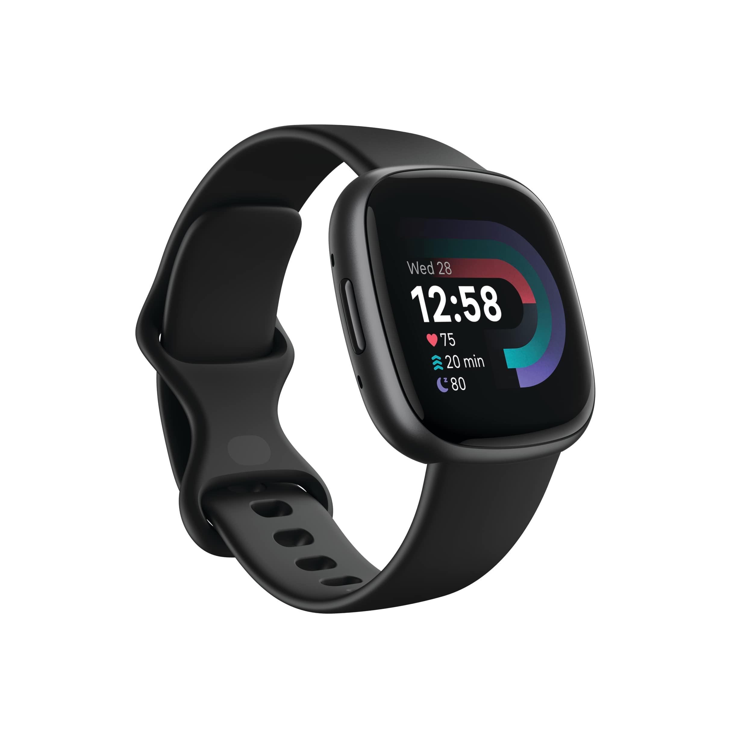 Fitbit Versa 4 vista frontal mostrando diseño elegante y legible
