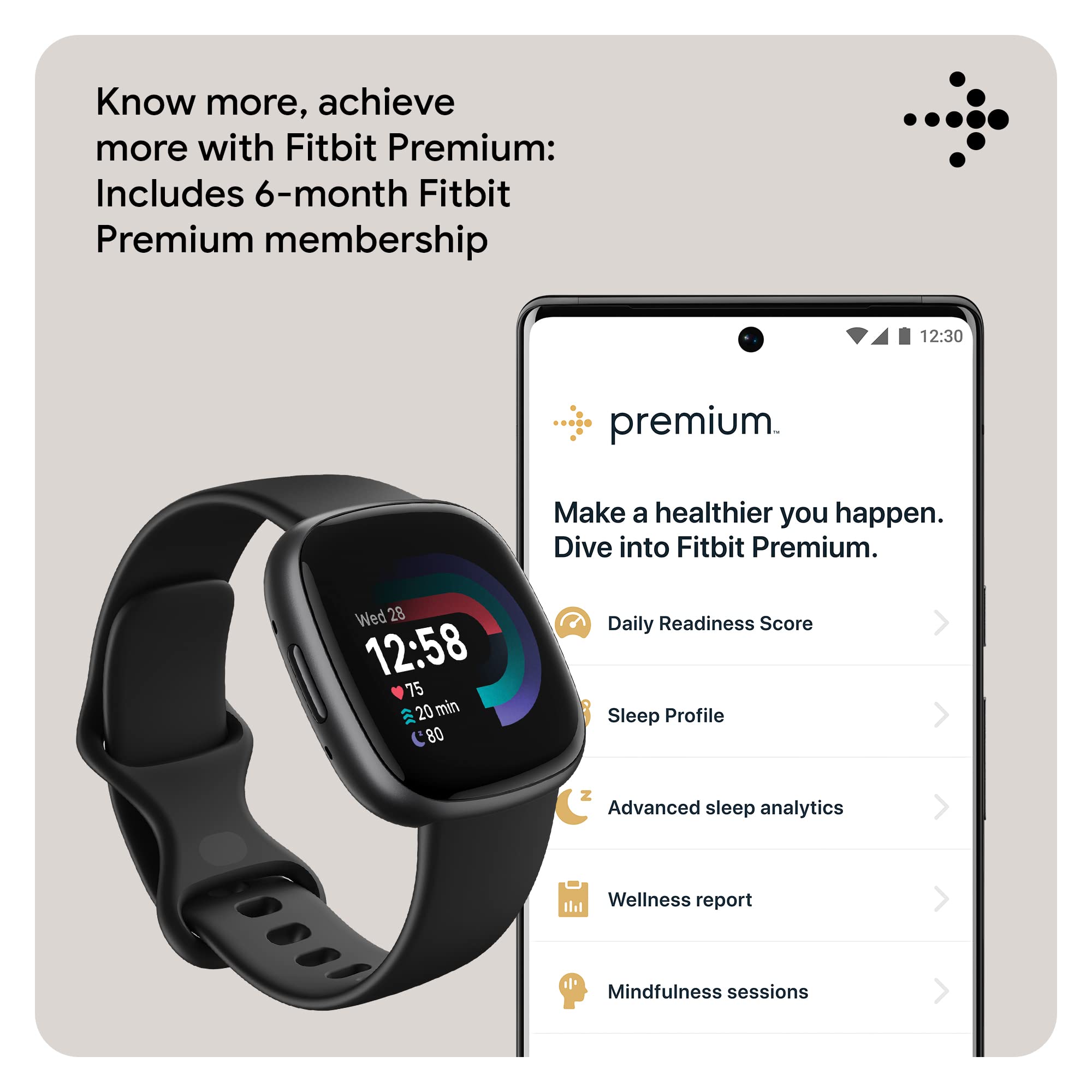 Fitbit Versa 4 bajo agua indicando resistencia hasta 50 metros