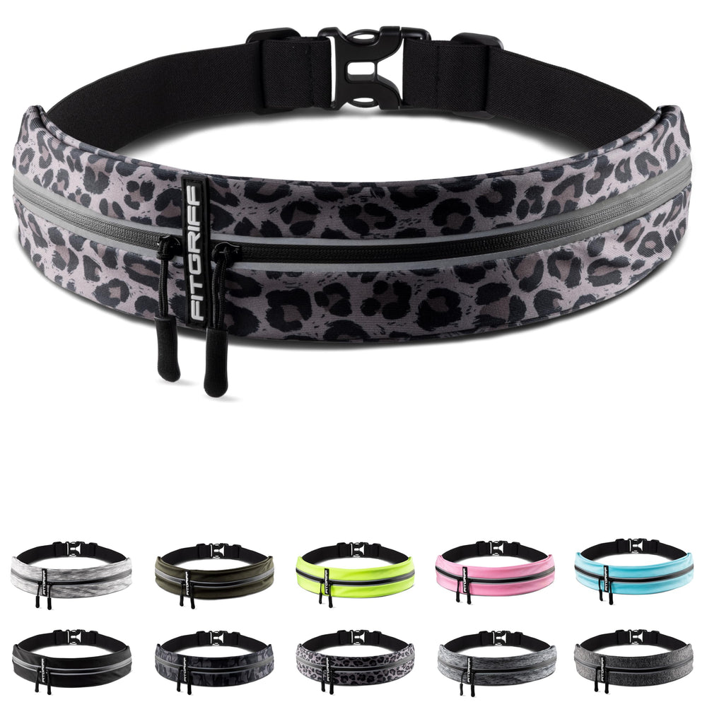 Fitgriff cinturón leopardo frontal mostrando compartimentos y cierre para seguridad