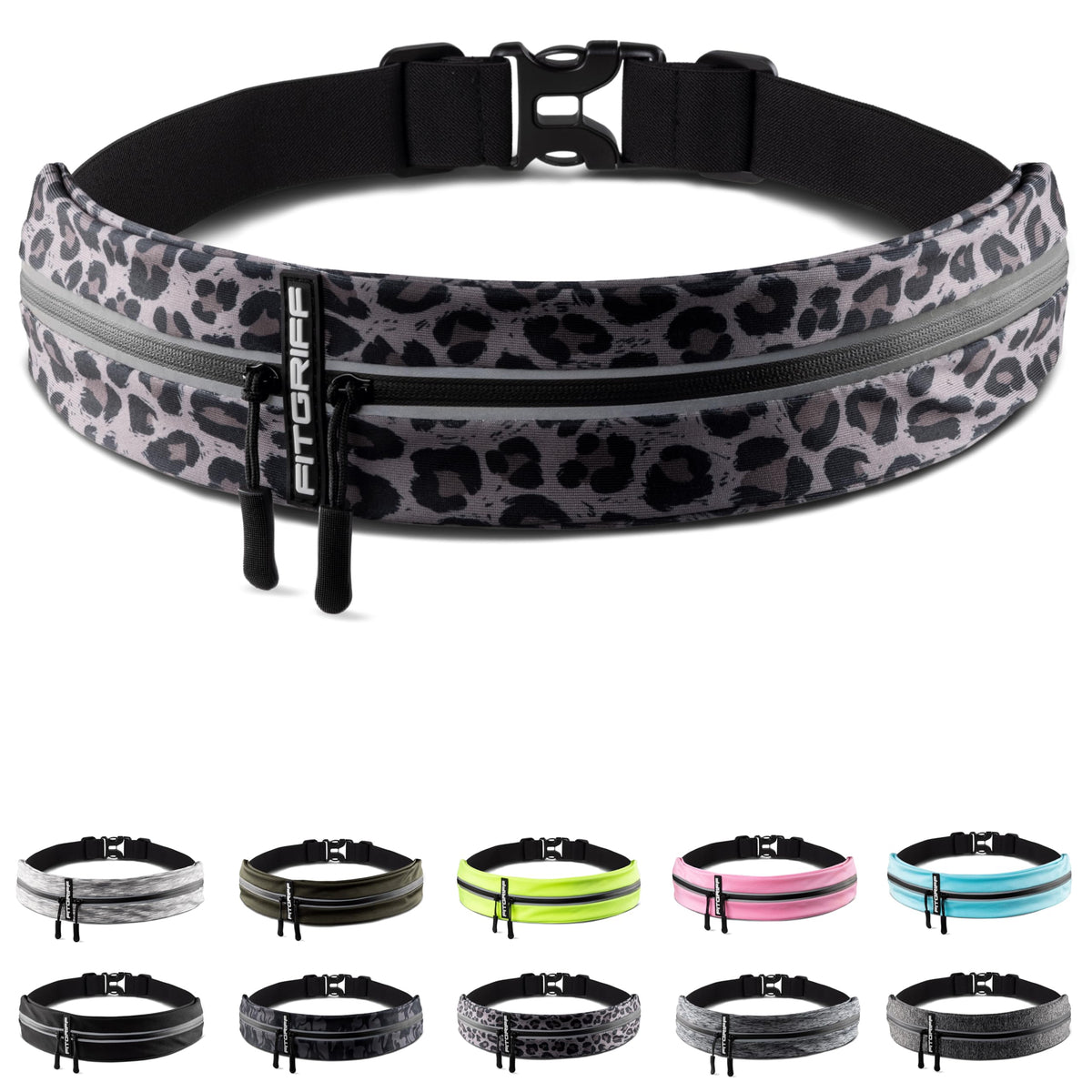 Fitgriff cinturón leopardo frontal mostrando compartimentos y cierre para seguridad