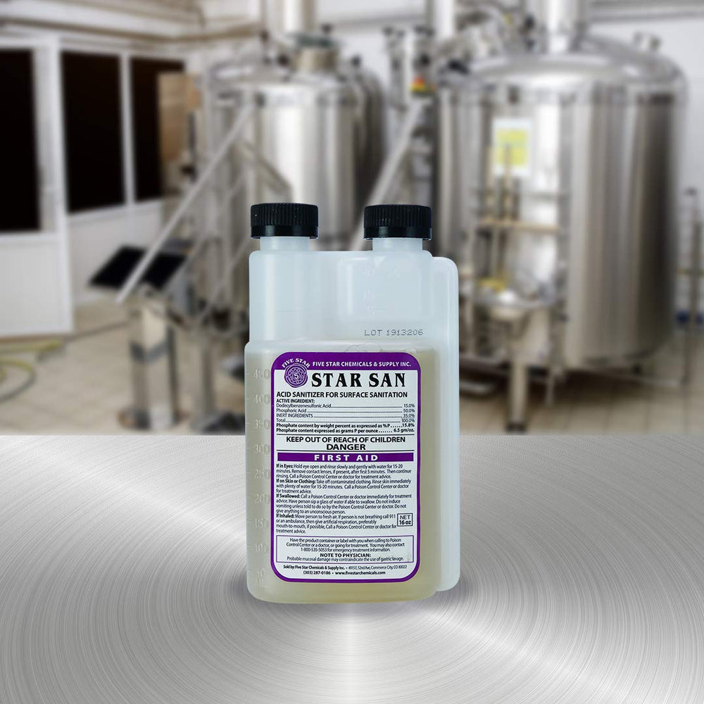 Five Star Star San pouring foamy solution into a fermenter to sanitize seams and crevices effectively