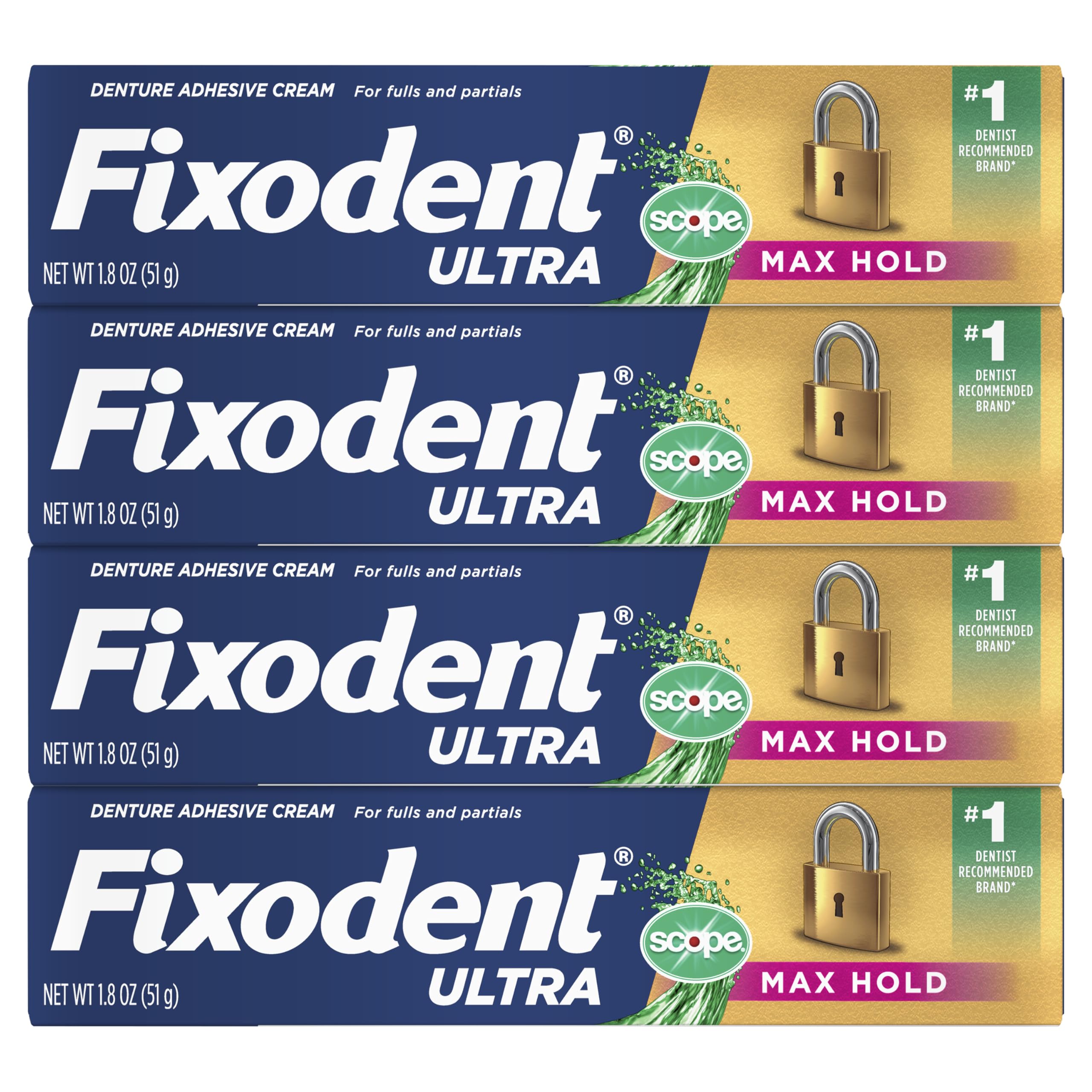 Fixodent cuatro tubos dispuestos para visual de cantidad y conveniencia