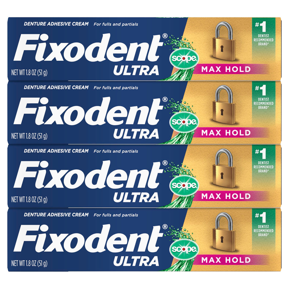 Fixodent cuatro tubos dispuestos para visual de cantidad y conveniencia