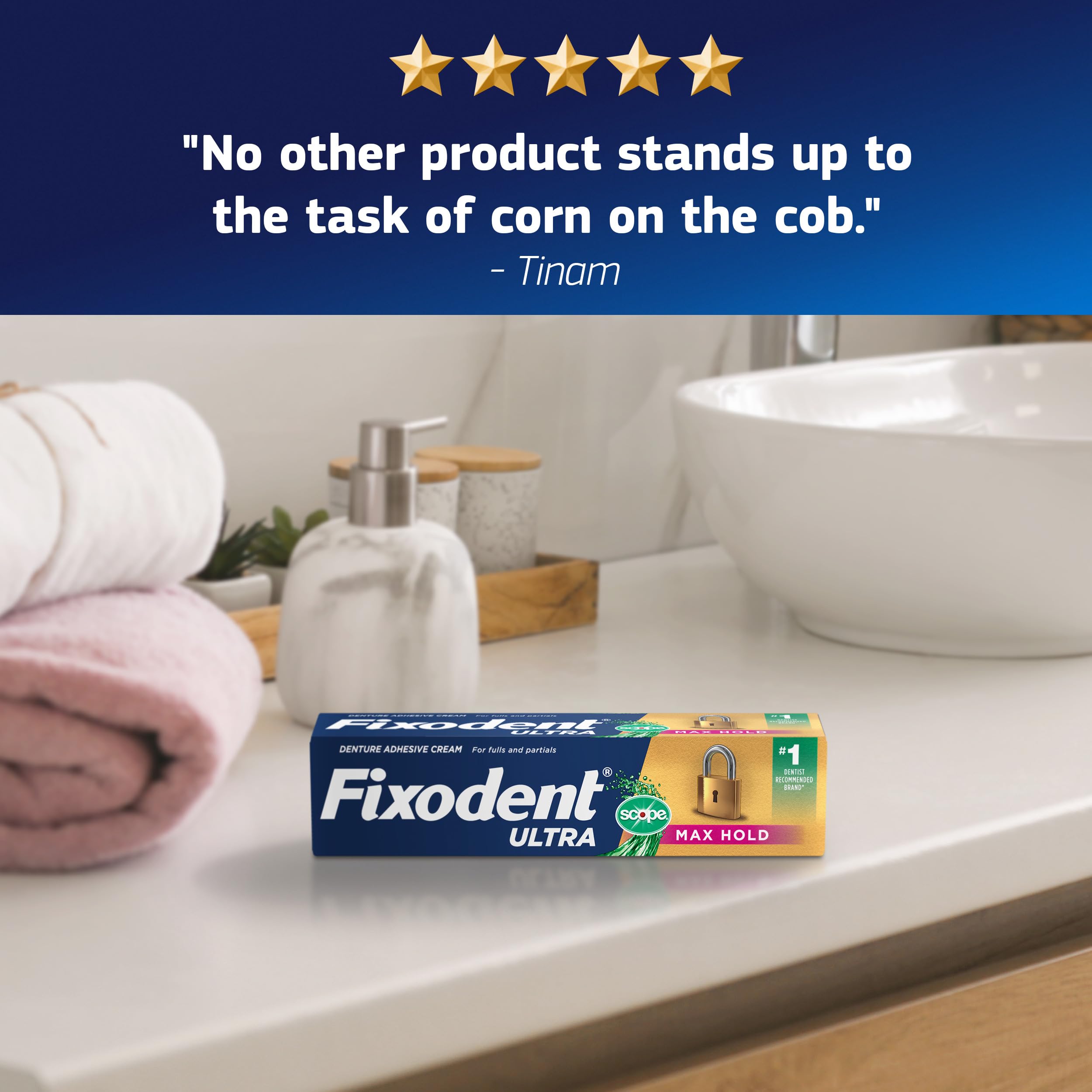 Fixodent etiqueta del tubo con información clara y lectura fácil