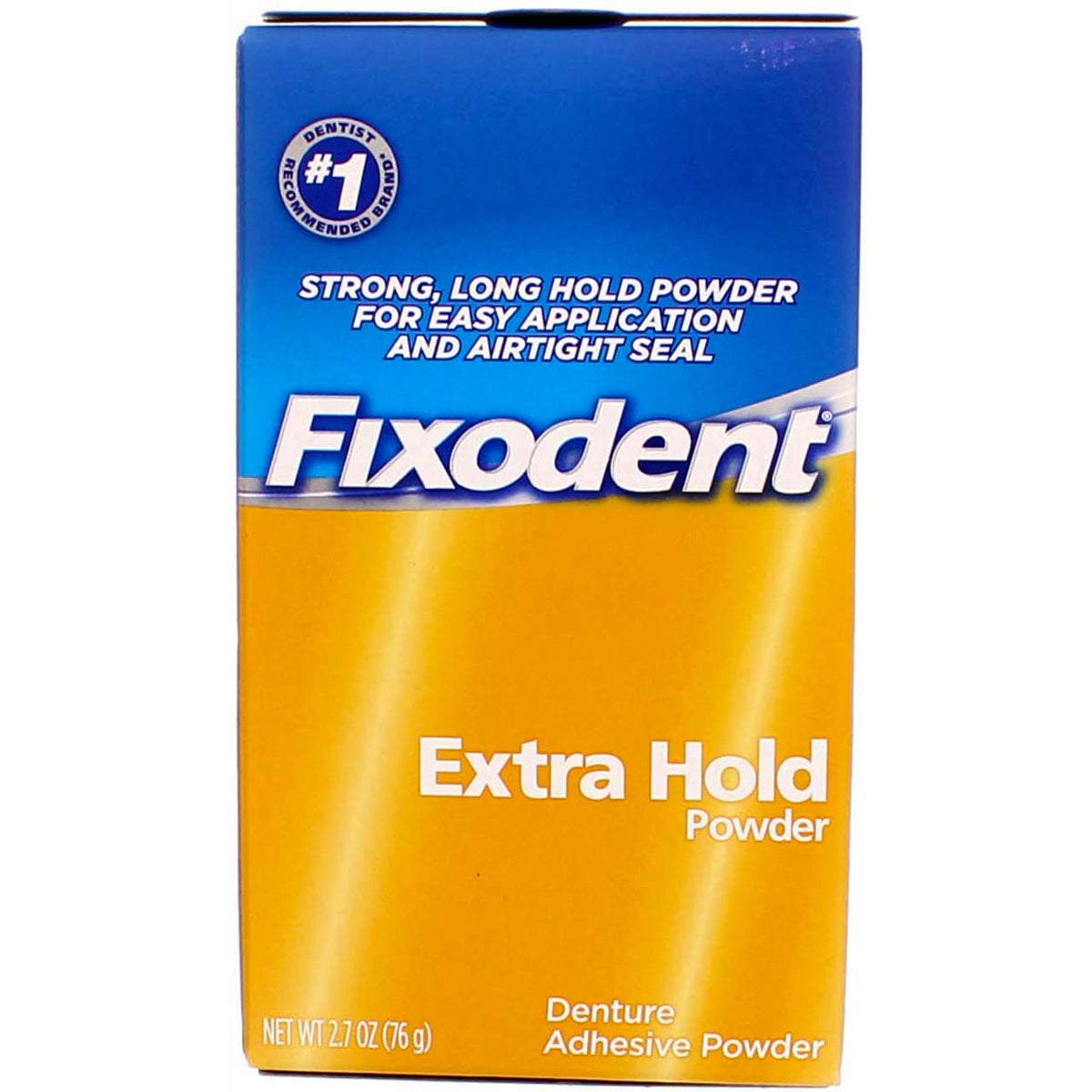 Fixodent frente del empaque mostrando las tres botellas y beneficio de suministro prolongado