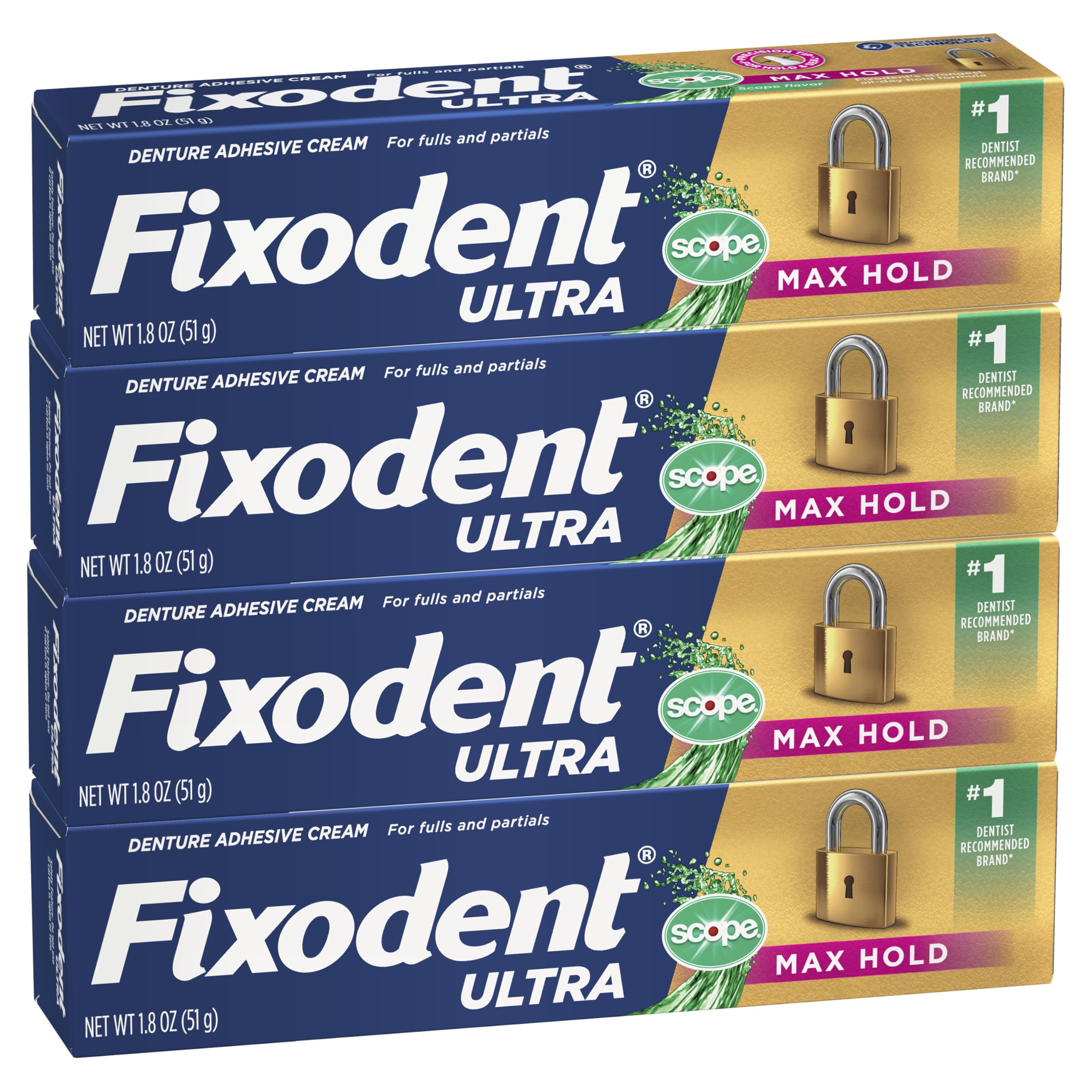 Fixodent frontal del pack mostrando Ultra Max Hold y Plus Scope para seguridad