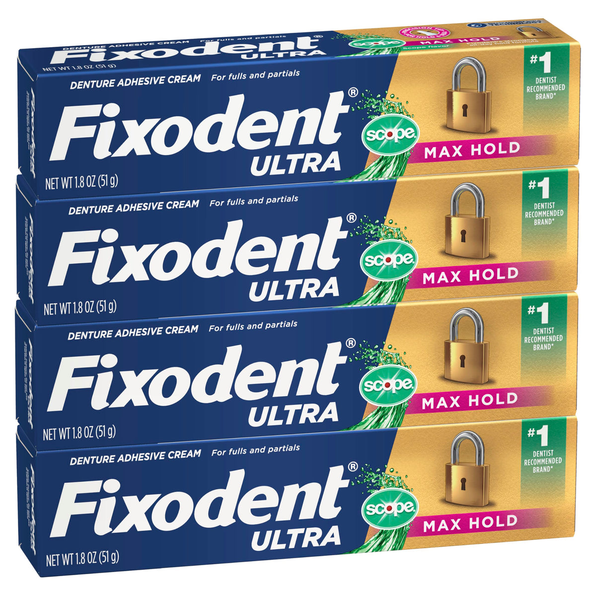 Fixodent frontal del pack mostrando Ultra Max Hold y Plus Scope para seguridad