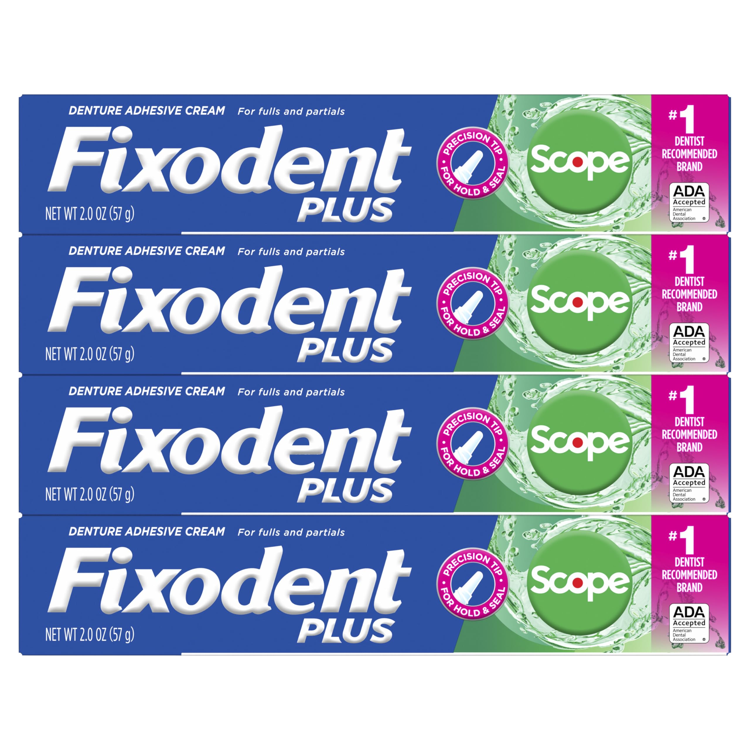 Caja reciclable de Fixodent Plus Scope enfatizando embalaje responsable