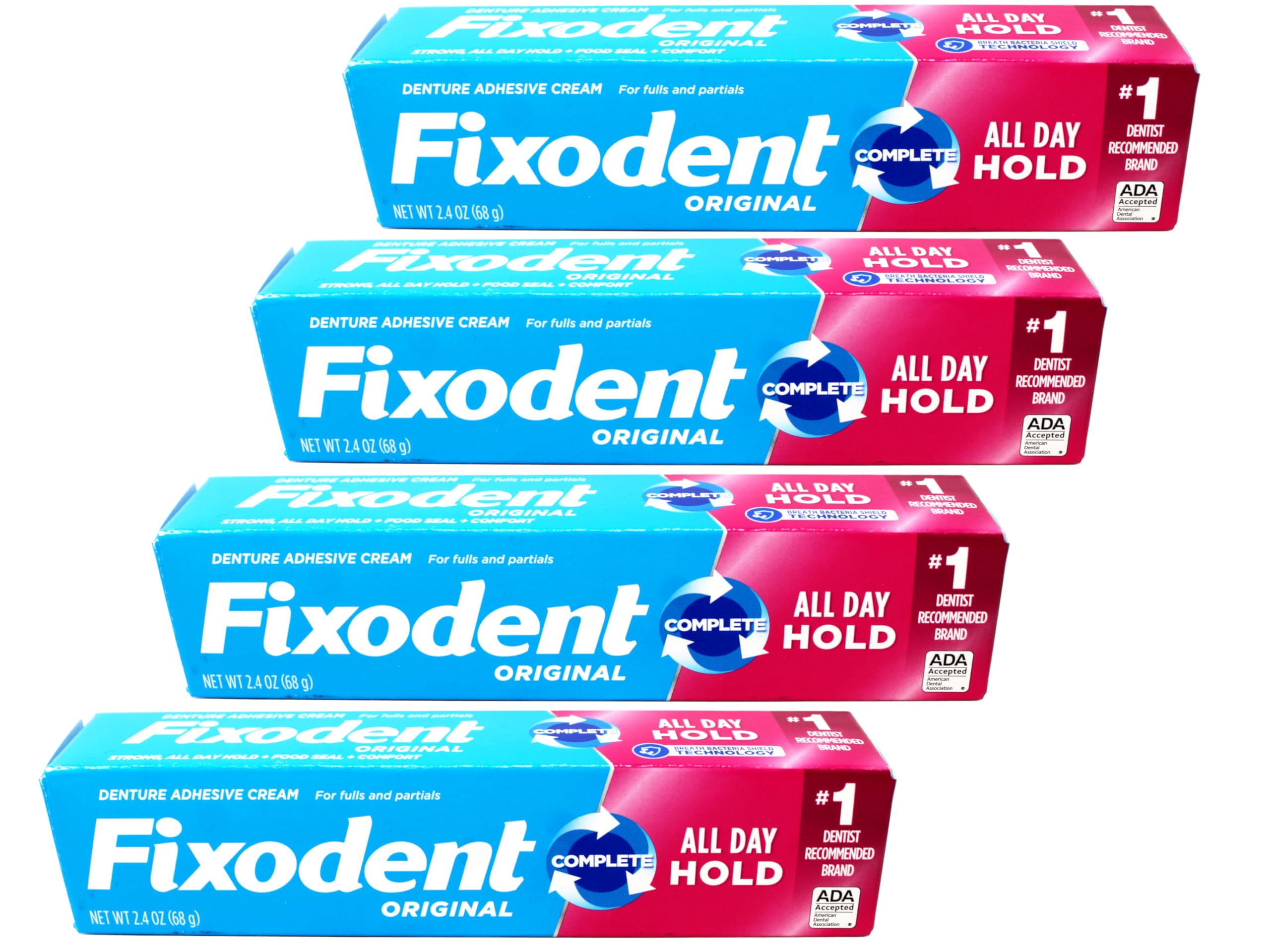 Fixodent presentación frontal mostrando tubos y beneficios de sujeción