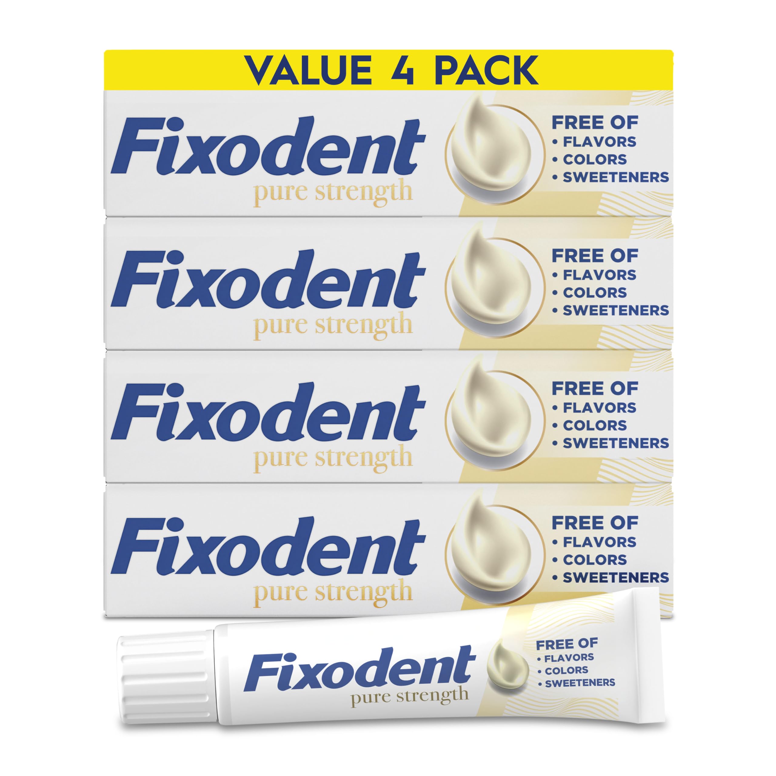 Fixodent tubo frontal mostrando la marca y la fijación segura