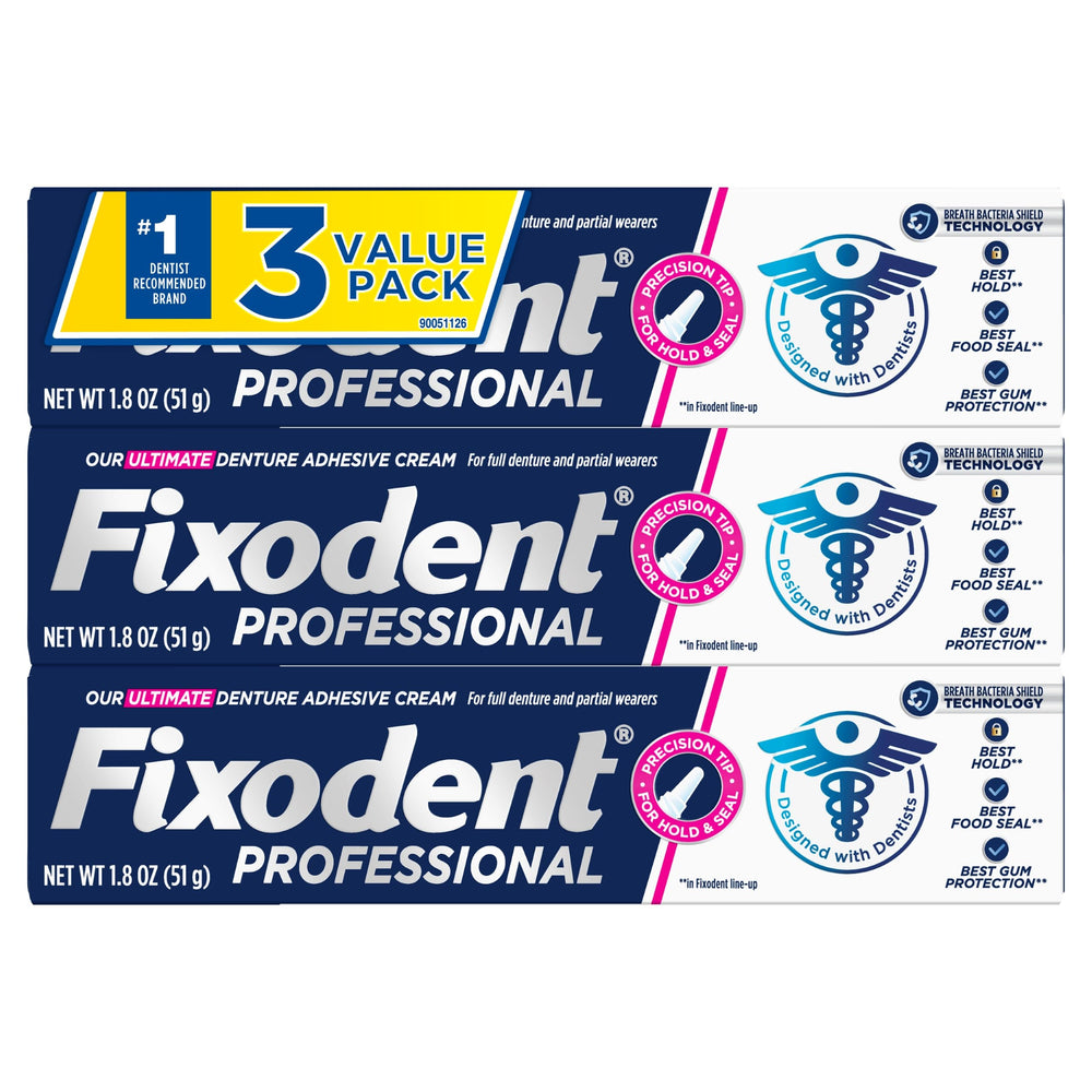 Fixodent tubo frontal mostrando marca y fijación confiable