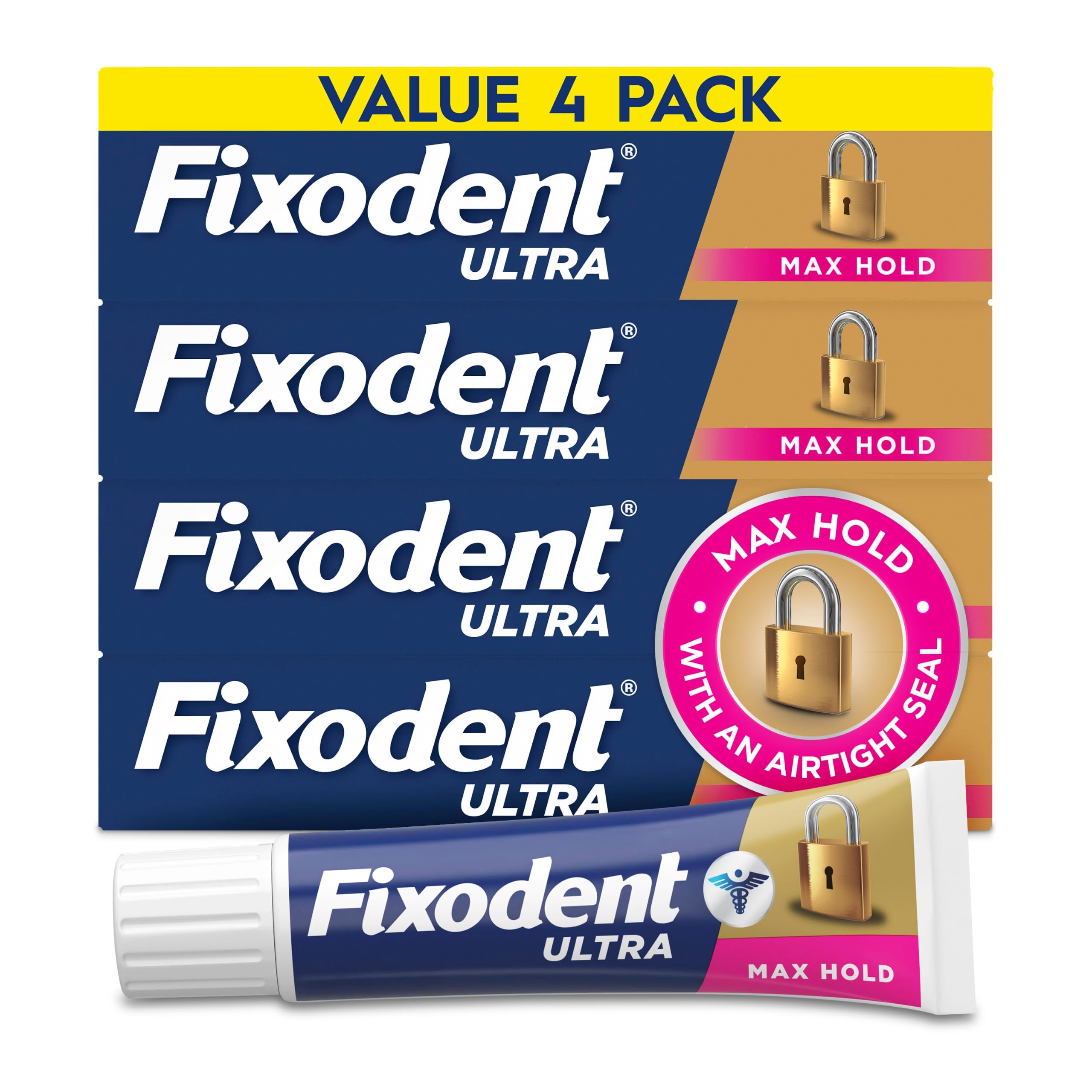 Fixodent frente del empaque mostrando los cuatro tubos y confianza