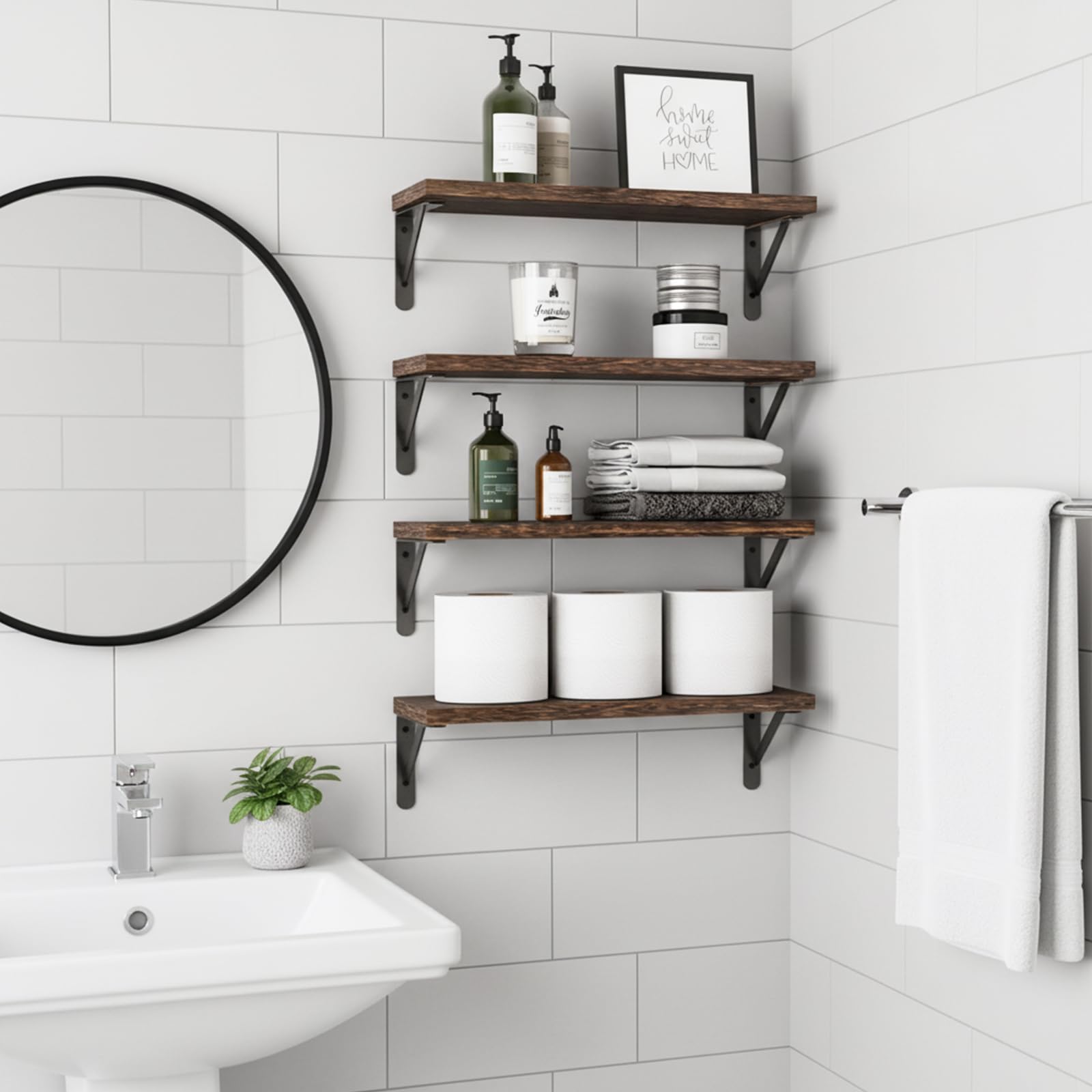 Fixwal estanterías en baño con toallas y productos, ahorro de espacio