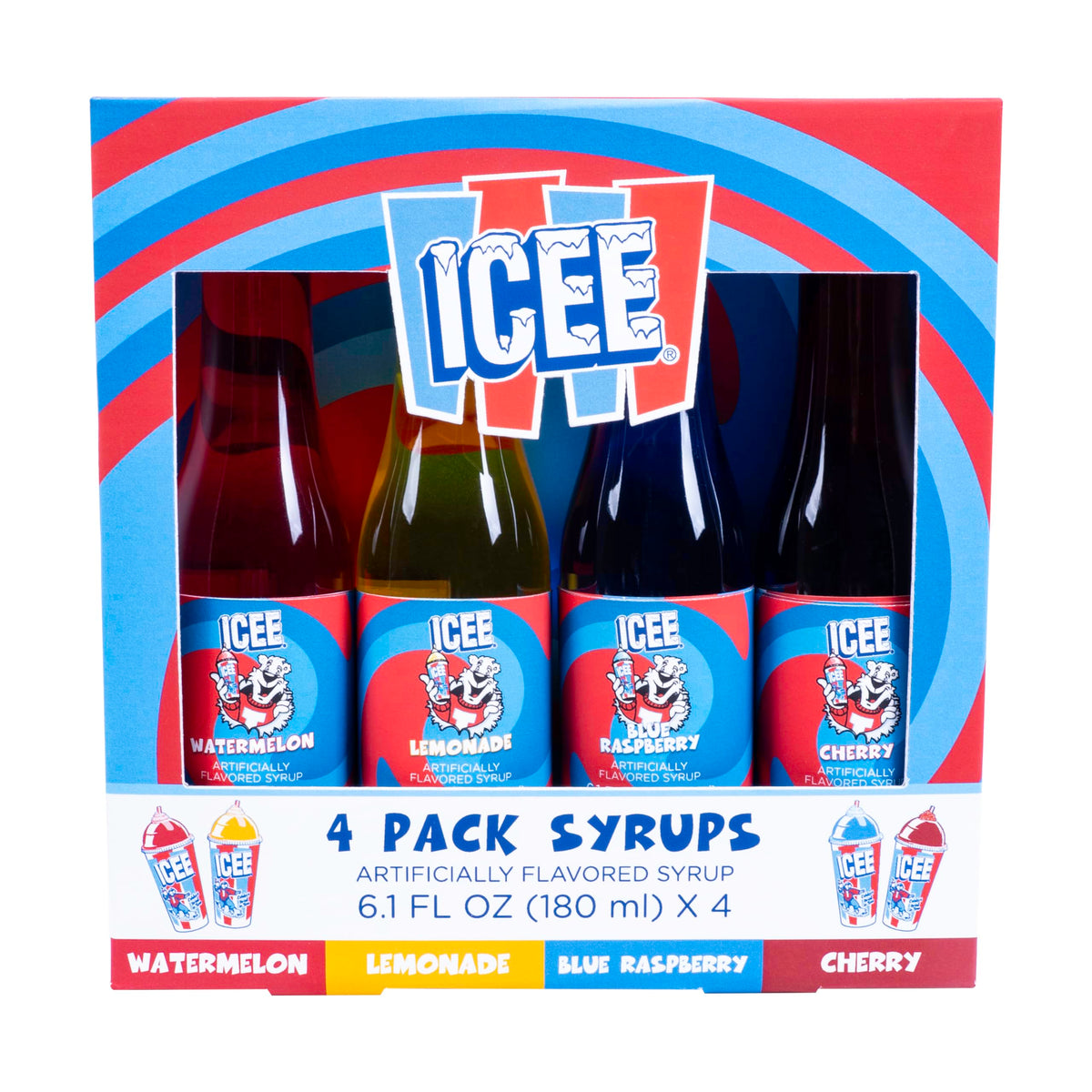 Fizz Creations ICEE frontal del pack mostrando cuatro sabores, ideal para fiestas