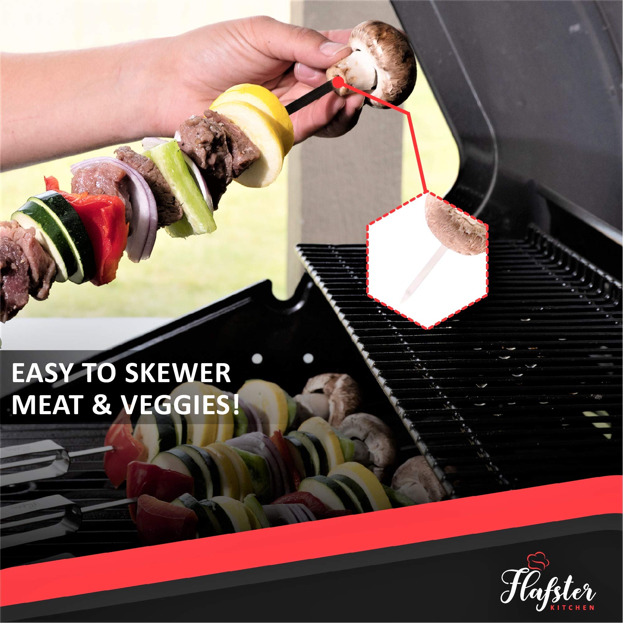 FLAFSTER KITCHEN skewers in use on a grill with veggies for even cooking