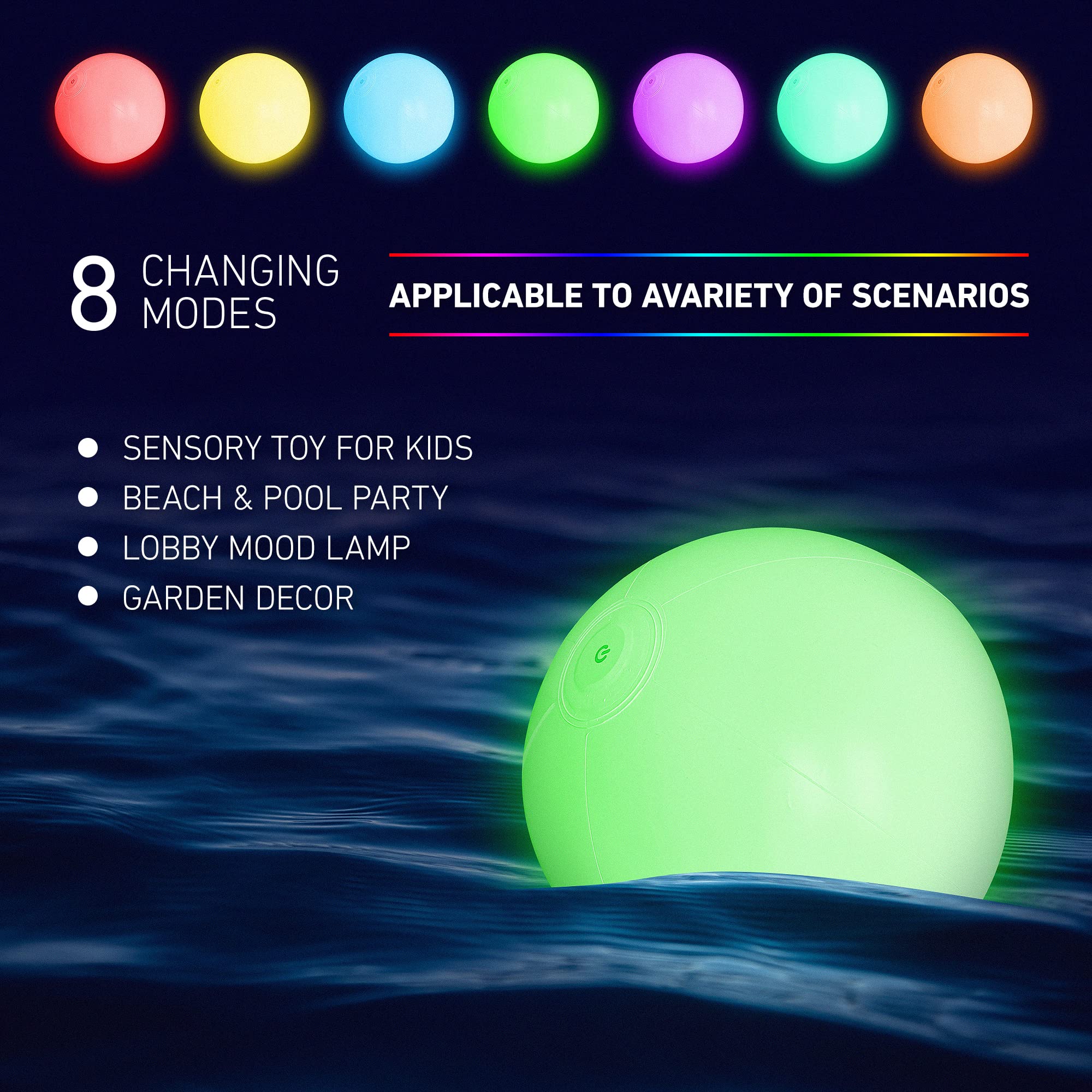 FLAMDYNO pelotas iluminadas flotando en piscina en uso nocturno