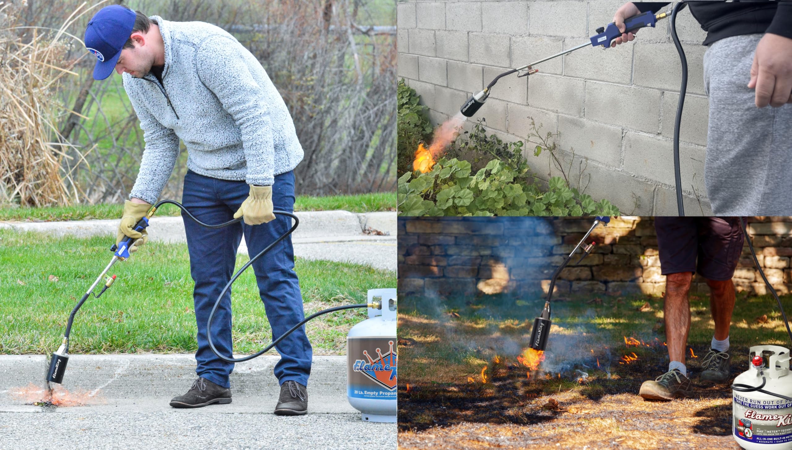 Flame King torch flame burning weeds to demonstrate quick vegetation control benefit