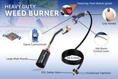 Flame King 10-foot hose and brass connection detail for extended reach advantage