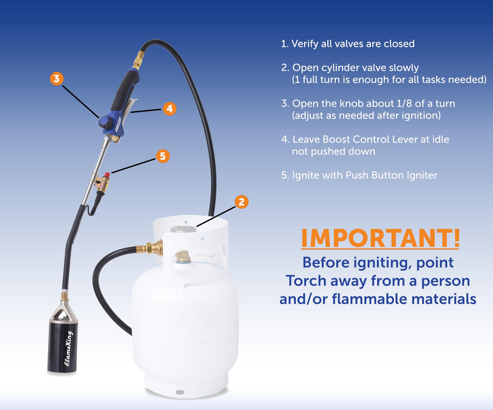 Flame King packaging shot with hose, wand, and manual showing included components