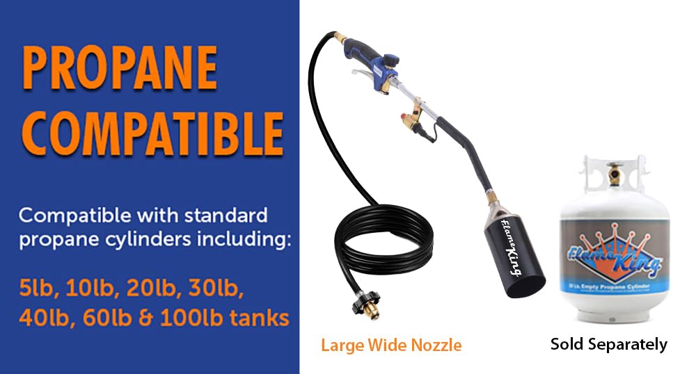 Flame King torch next to propane cylinder to illustrate scale and compatibility