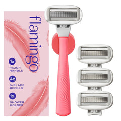 Flamingo vista frontal del kit con mango y cuatro recambios, organización y conveniencia