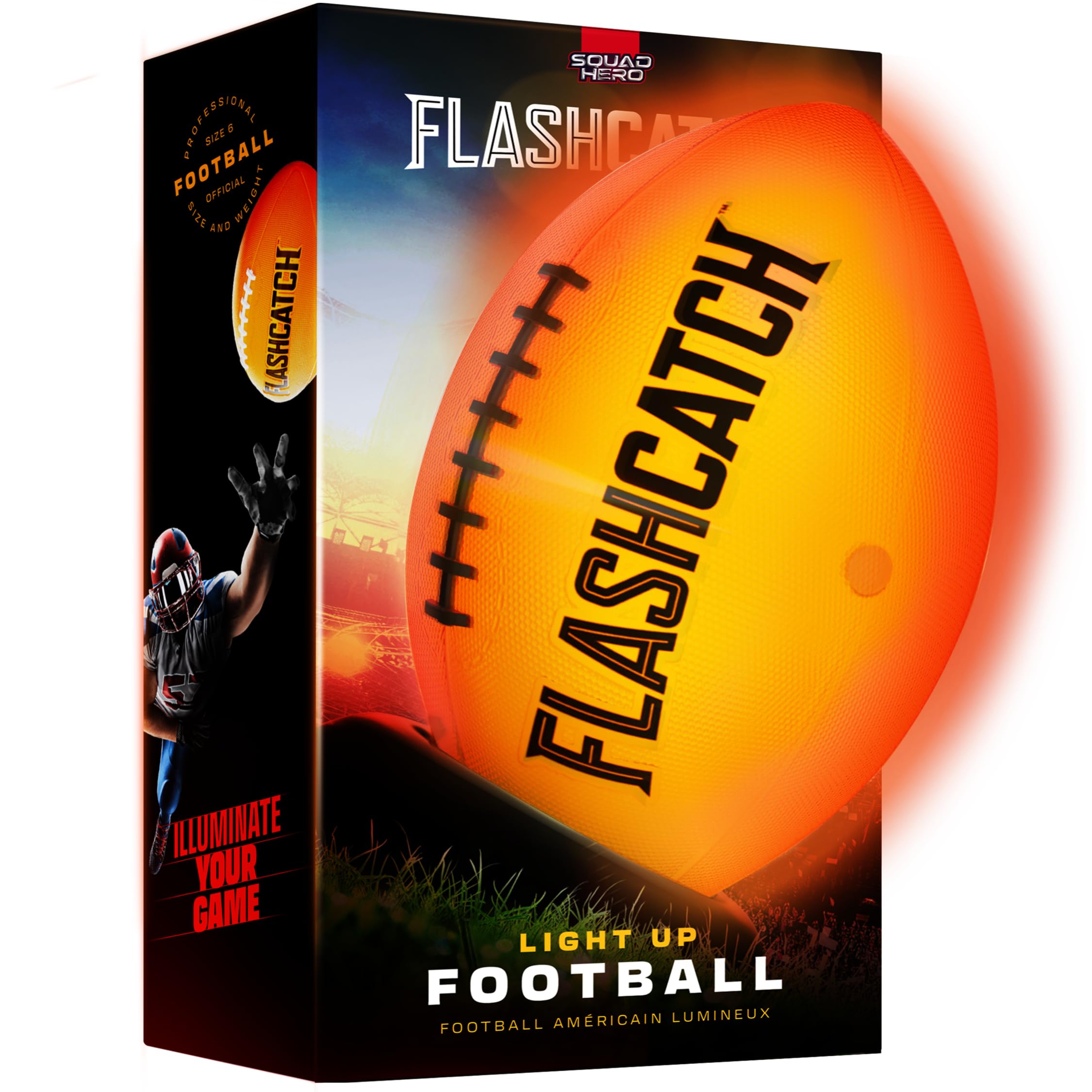 FlashCatch balón frontal en caja iluminado mostrando presentación y diseño