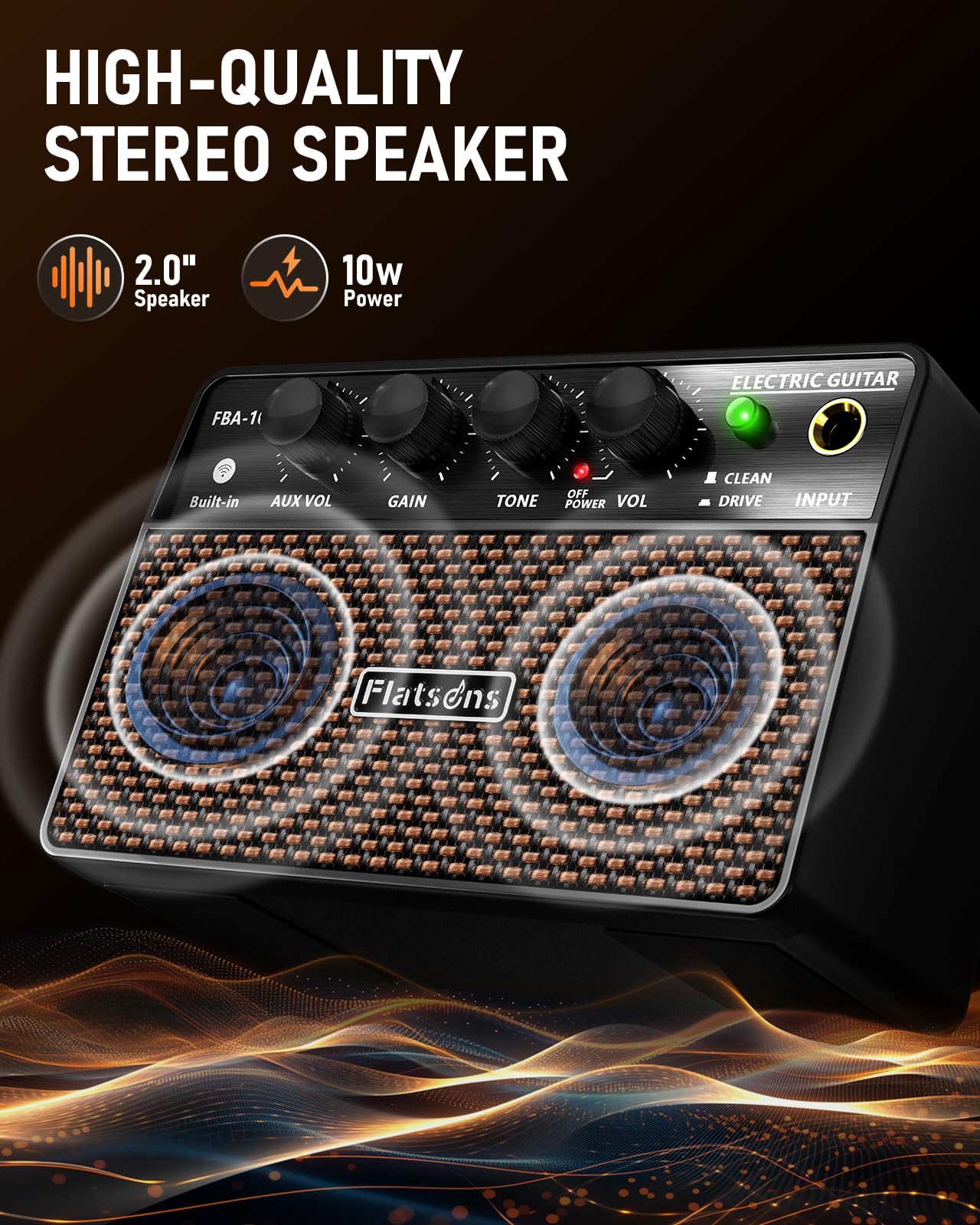 Flatsons panel de controles con botones Gain Tone y selector CLEAN/DRIVE