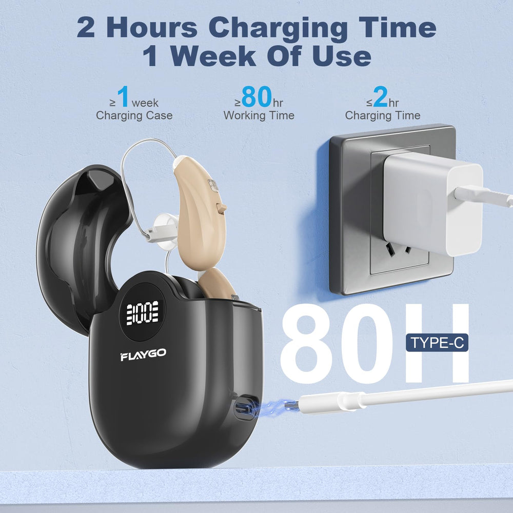 Flaygo charging case open with USB-C showing fast recharge convenience