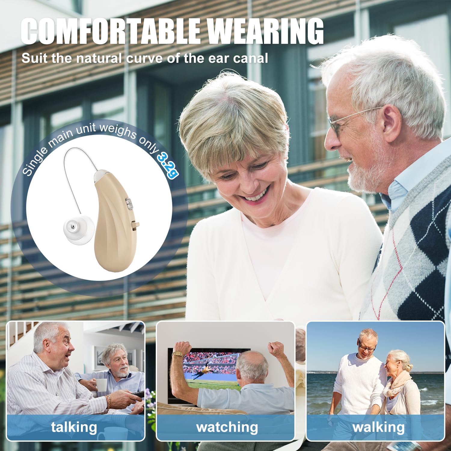 Flaygo earpiece worn with glasses showcasing comfortable long wear