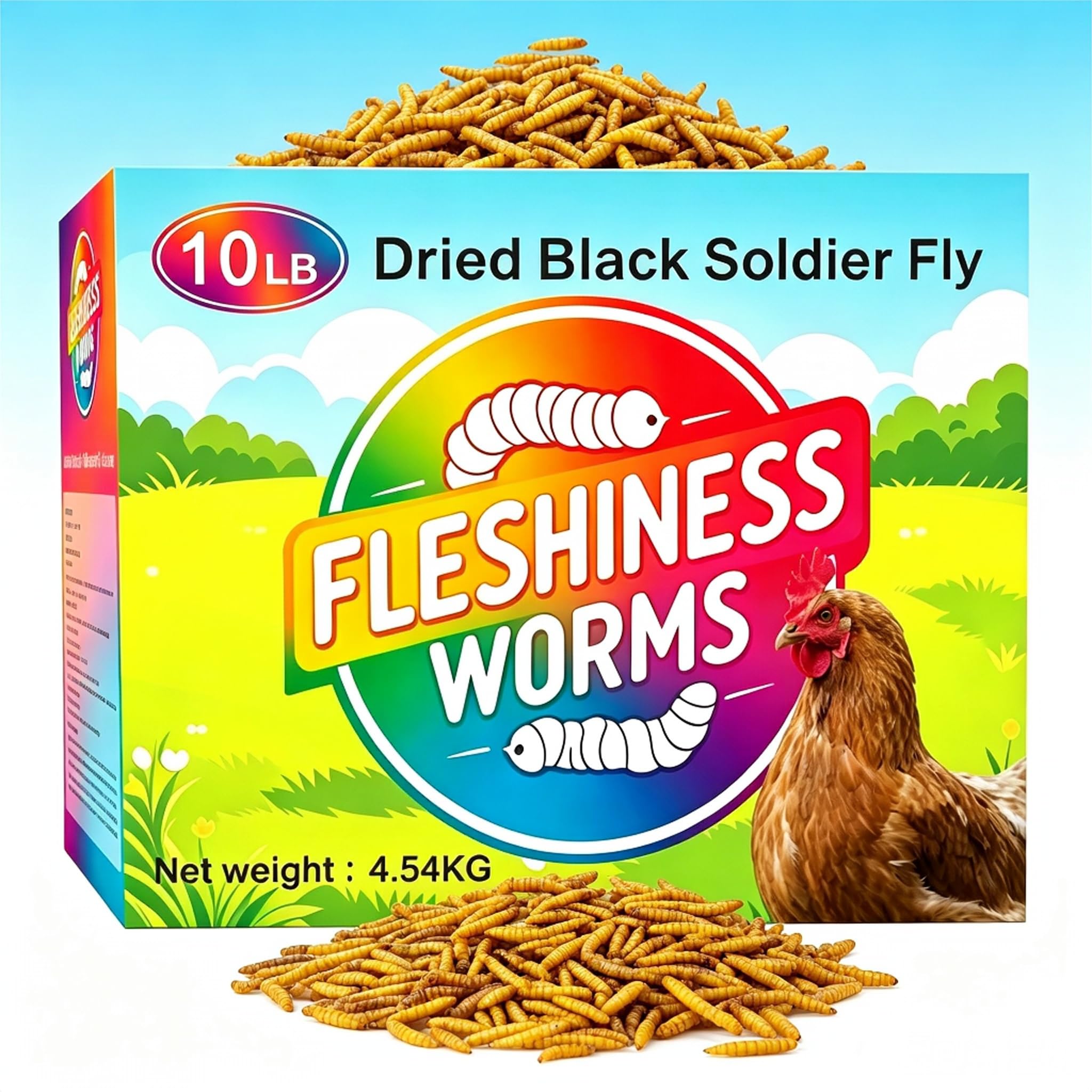 FLESHINESS WORMS front packaging showing 10lb resealable box and bulk value
