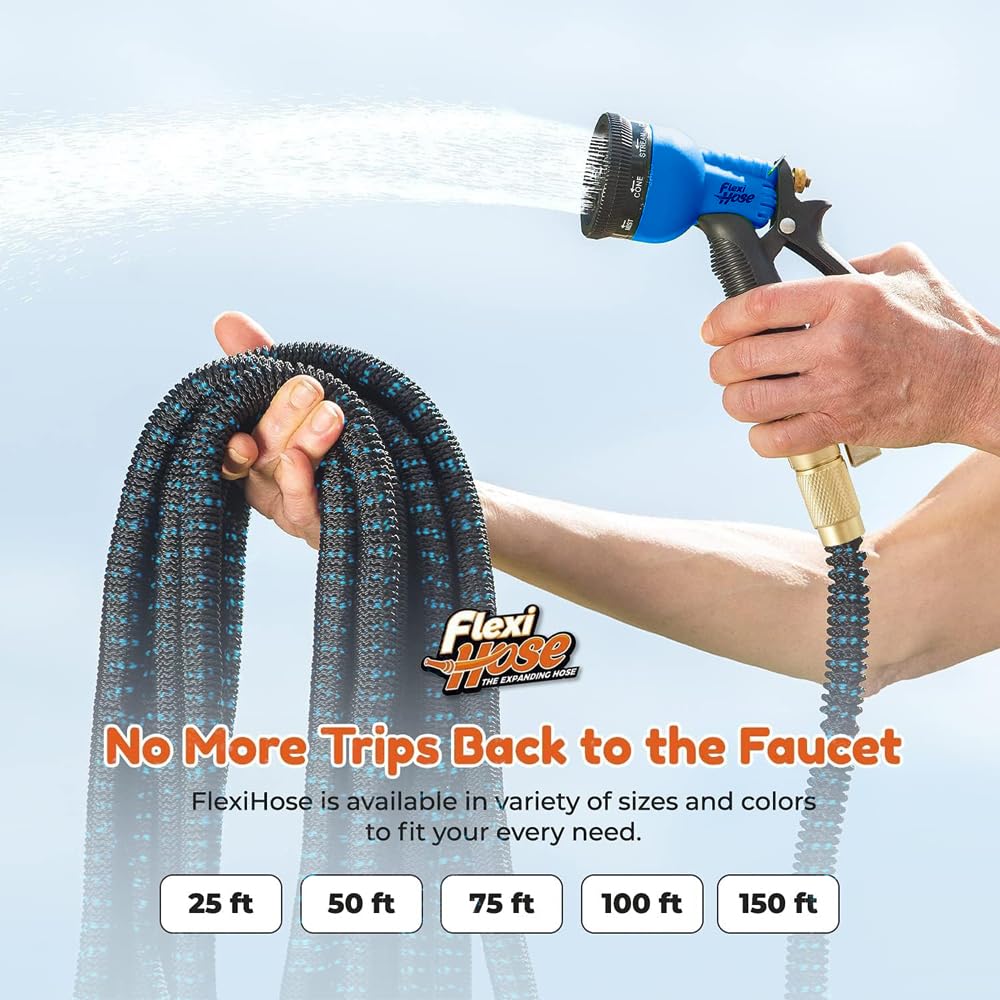 Flexi Hose fully expanded while watering plants for extended reach and easy use