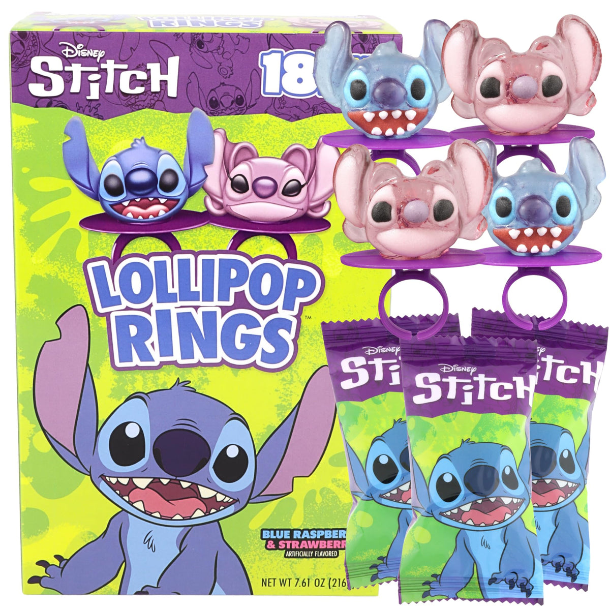 Flix Candy caja frente mostrando 18 anillos paleta Lilo and Stitch, ideal para fiestas