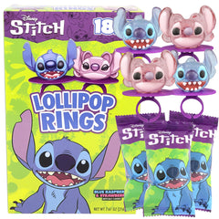 Flix Candy caja frente mostrando 18 anillos paleta Lilo and Stitch, ideal para fiestas