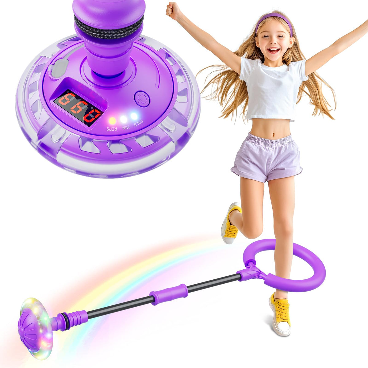 Flooyes ankle skip ball front view showing LED wheel and strap, fun lighting benefit