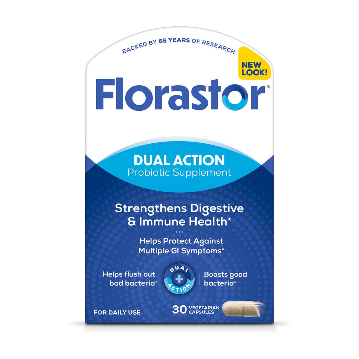 Florastor frente del envase mostrando 30 cápsulas y beneficios