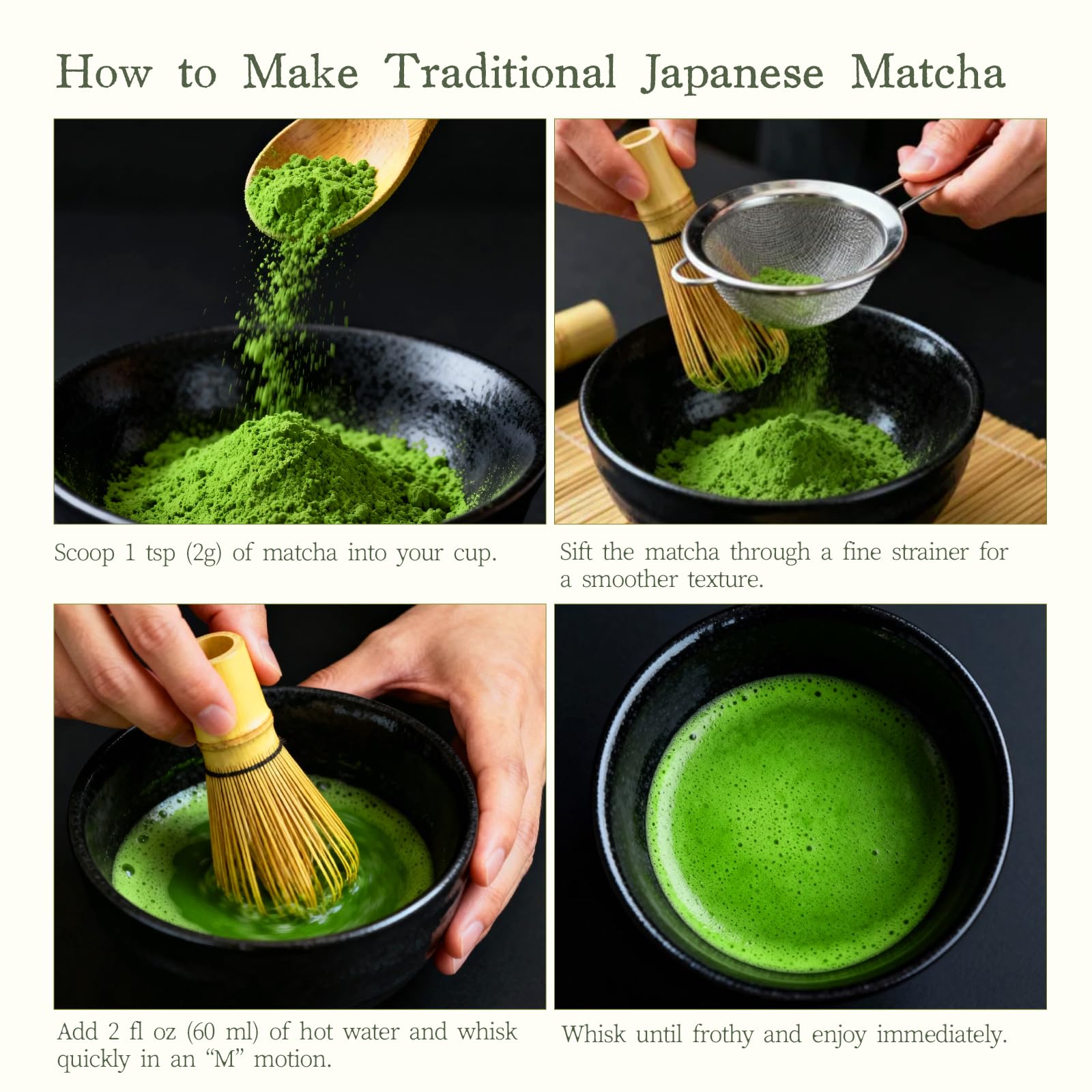 Florvay cucharita con porción de matcha y comparación de tamaño
