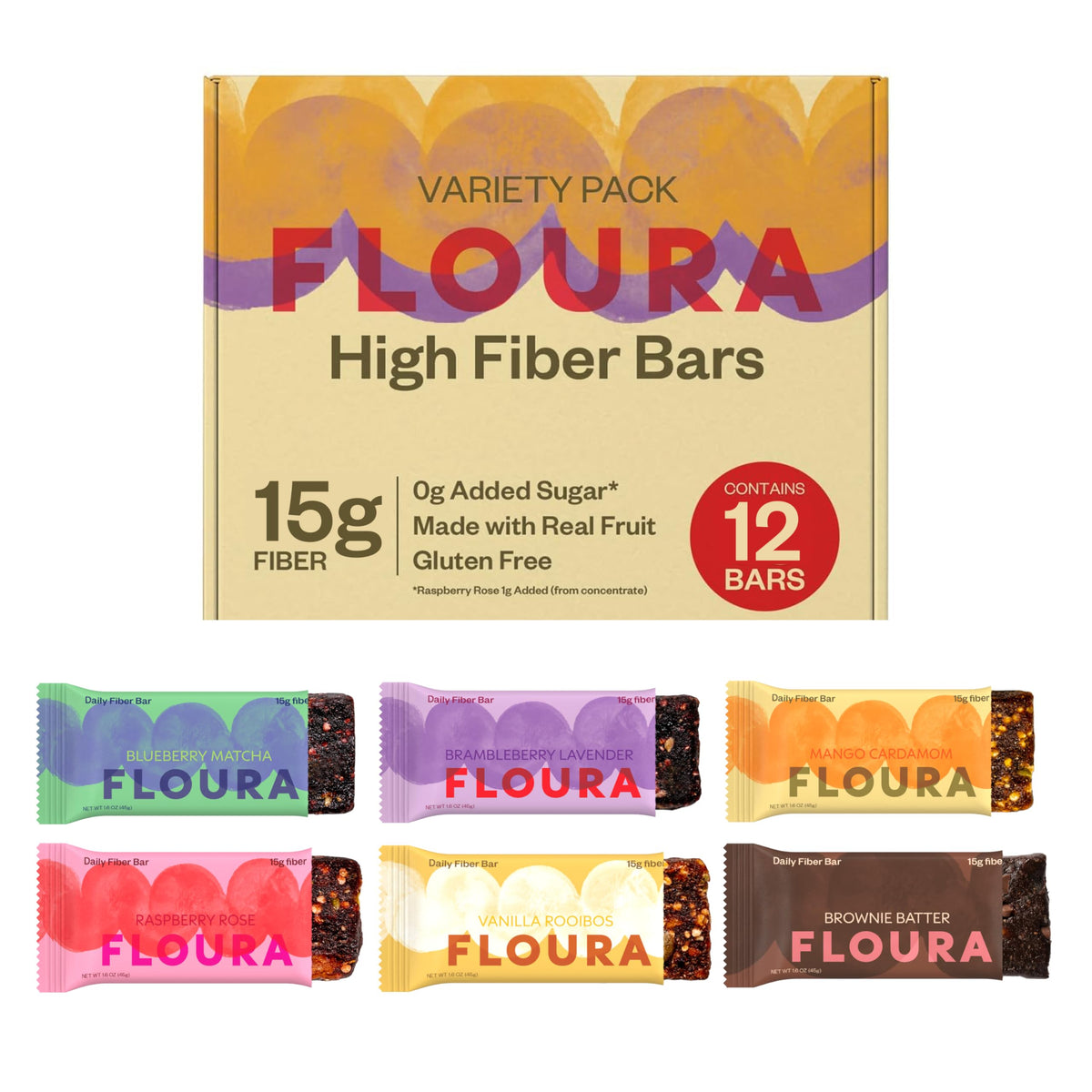 FLOURA pack frontal mostrando las seis variedades y beneficio de variedad de fibra
