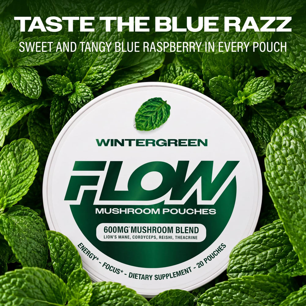 Flow Pouches etiqueta con información de ingredientes destacando mezcla de hongos