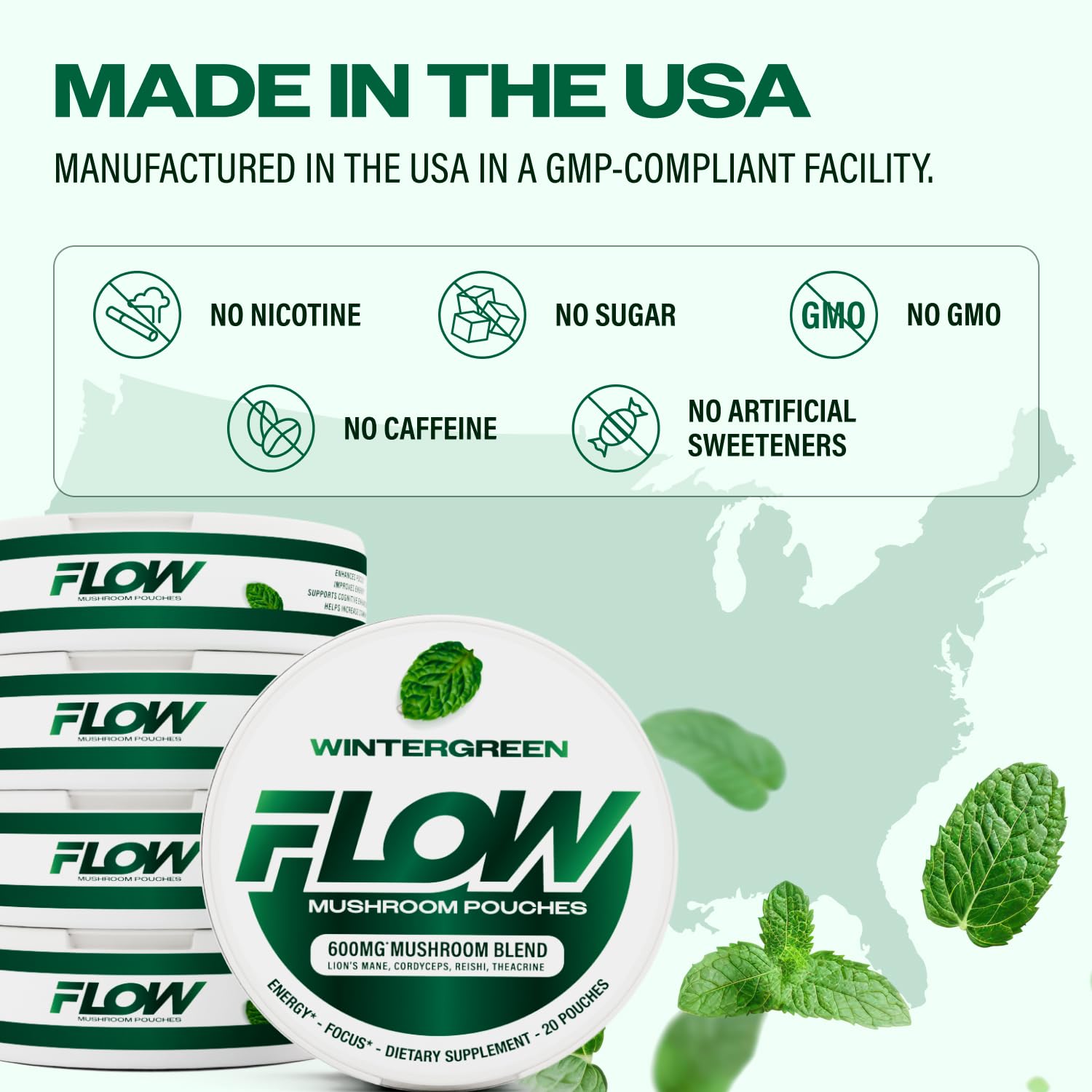 Flow Pouches hojas wintergreen junto a una pouch mostrando sabor refrescante