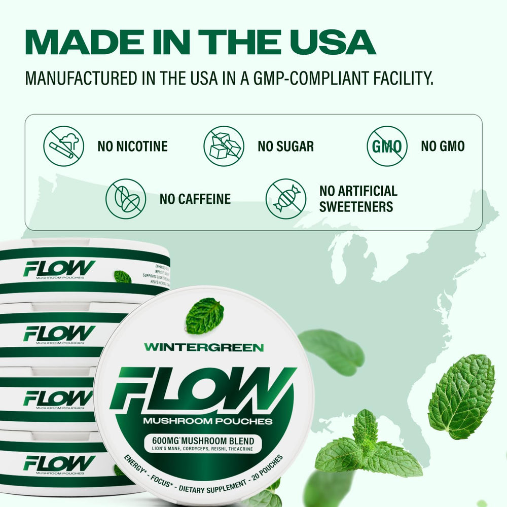 Flow Pouches hojas wintergreen junto a una pouch mostrando sabor refrescante