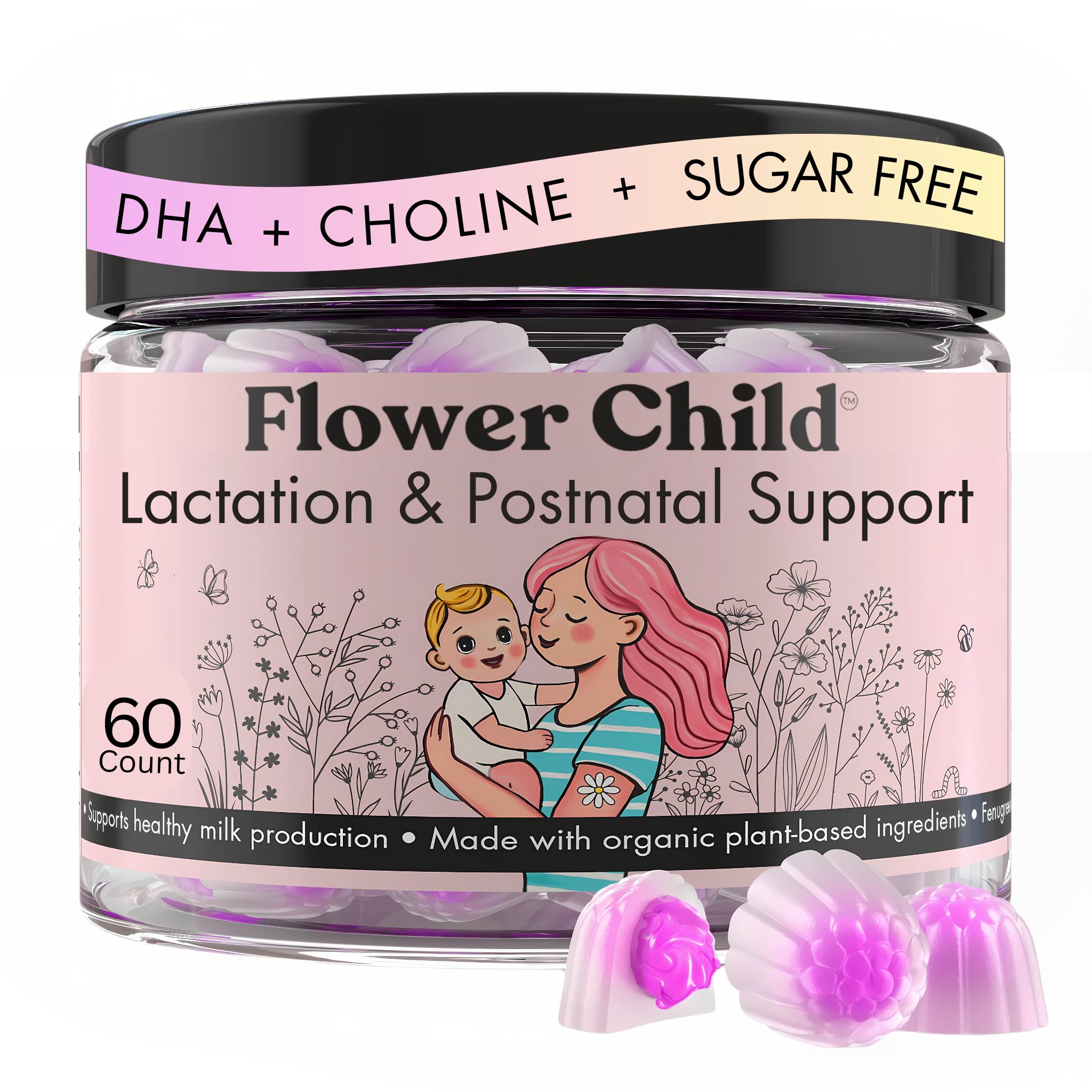 Flower Child frasco frontal mostrando diseño y cantidad de 60 gomitas, apoyo práctico