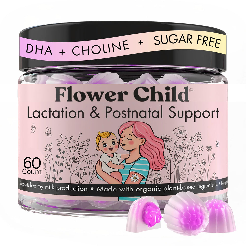 Flower Child frasco frontal mostrando diseño y cantidad de 60 gomitas, apoyo práctico