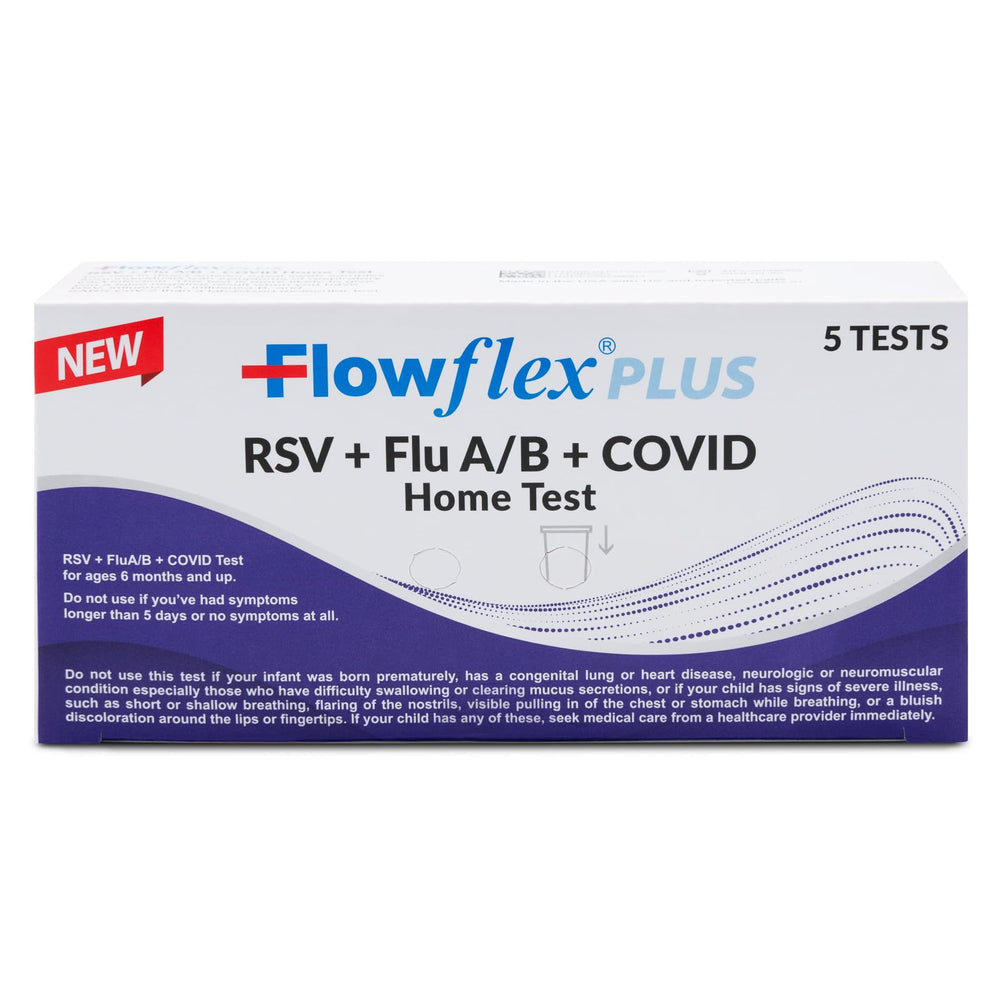Flowflex Plus empaque frontal que muestra contenido y ventajas rápidas