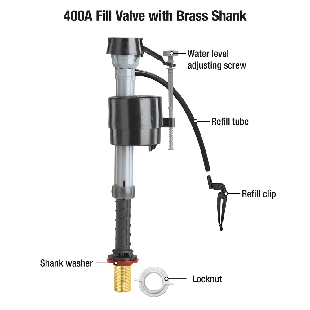 Válvula Fluidmaster 400A instalada en un tanque de inodoro demostrando ajuste universal