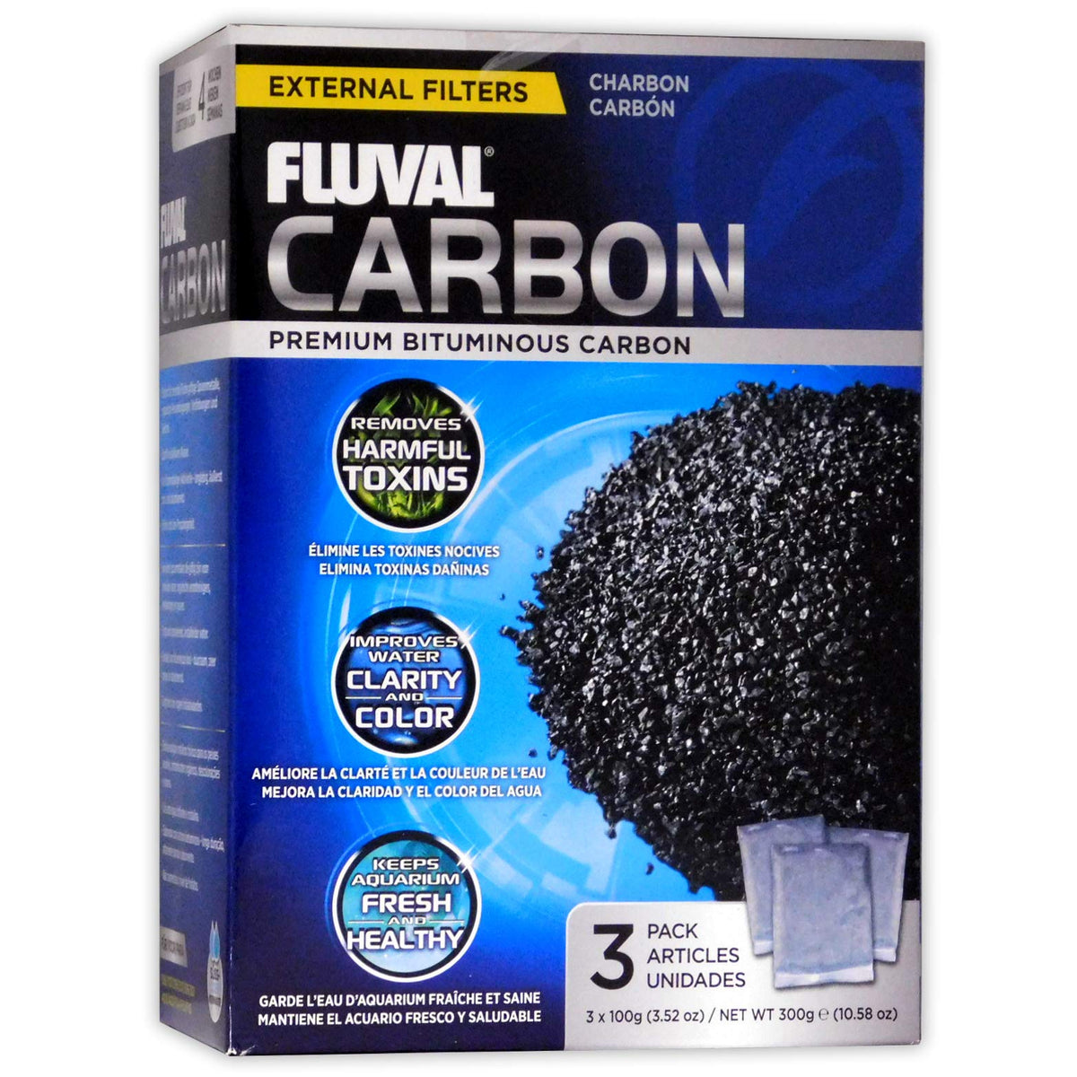 Fluval bolsa frontal de carbón activado mostrando empaquetado y claridad del producto